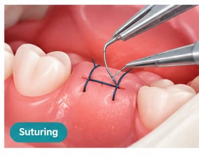 Soft tissue closure and suturing in a dental treatment setting.
