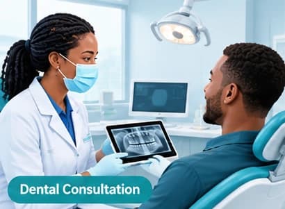 Dental Consultation Dentist reviewing a patient during a professional dental consultation in a clean clinic room.