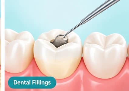 Dental Fillings Tooth being restored with a dental filling in a bright clinic setting.