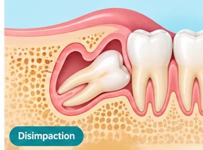 Disimpaction Treatment Impacted tooth assessment being carried out with surgical instrumentation in a dental clinic.